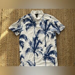 H&M White and Blue Palm Print Polo Shirt